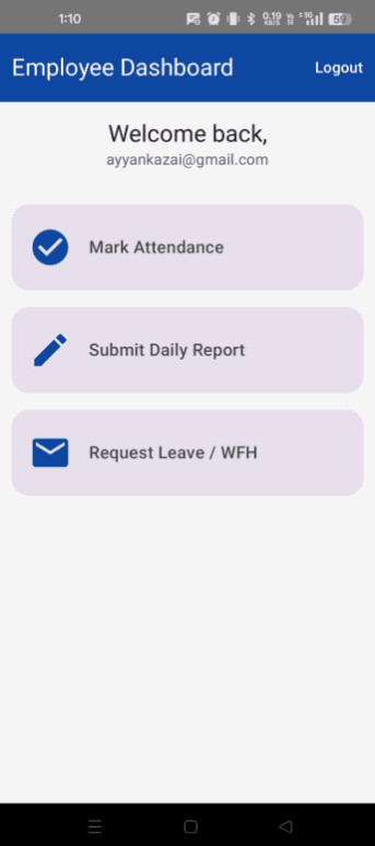 Padhaiwala employee dashboard with attendance, daily report, and leave or work-from-home actions.
