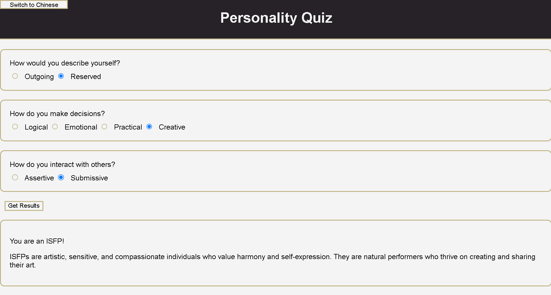 English personality quiz with three multiple-choice questions and an example result.
