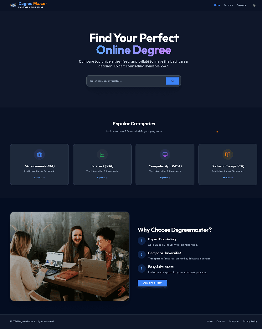 DegreeMaster landing page with course search, popular degree categories, and education guidance.