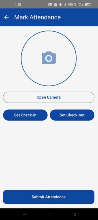 Padhaiwala attendance screen with camera capture, manual check-in and check-out controls, and attendance submission.