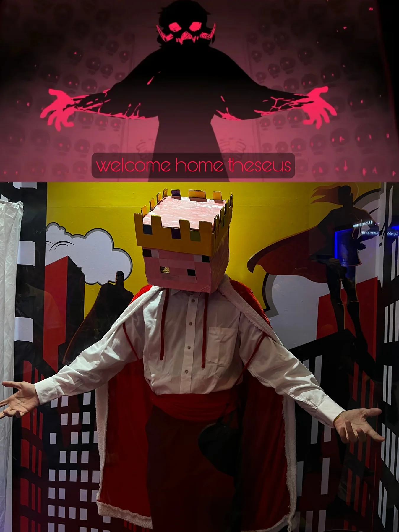 Edited portrait of the pig-king cosplay with a dramatic welcome graphic