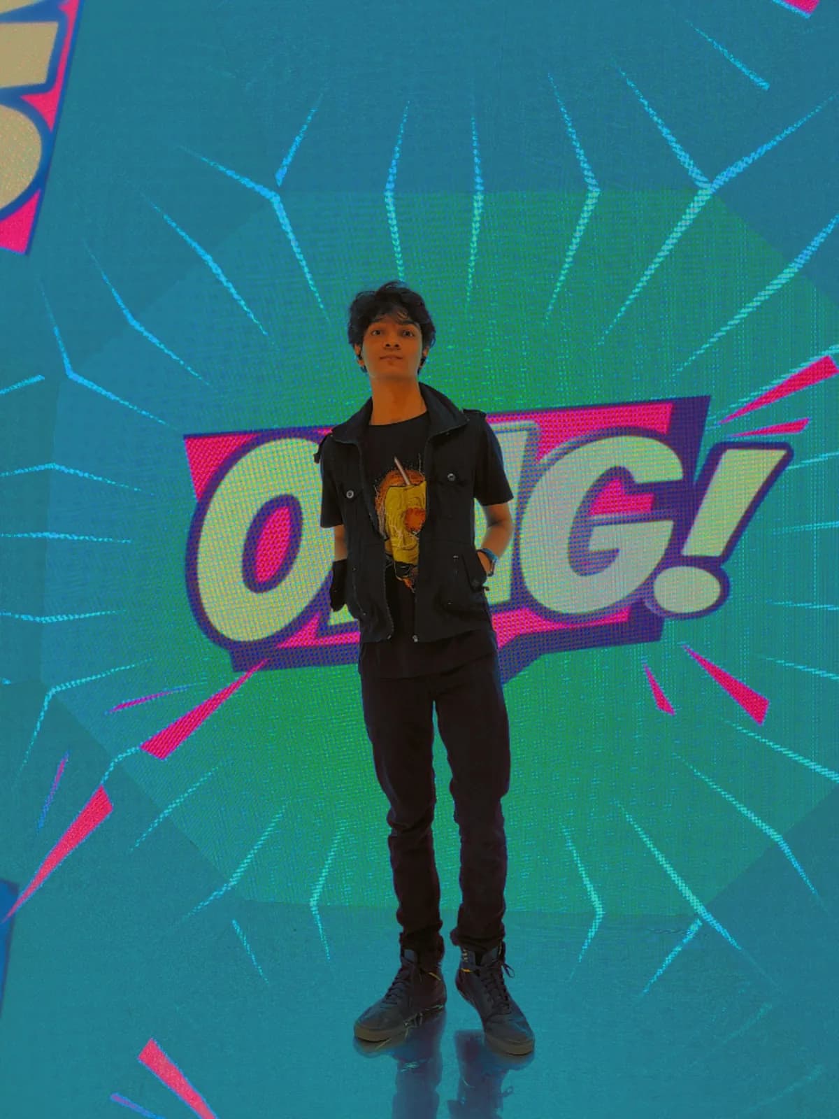 Portrait in front of a colorful pop-art installation
